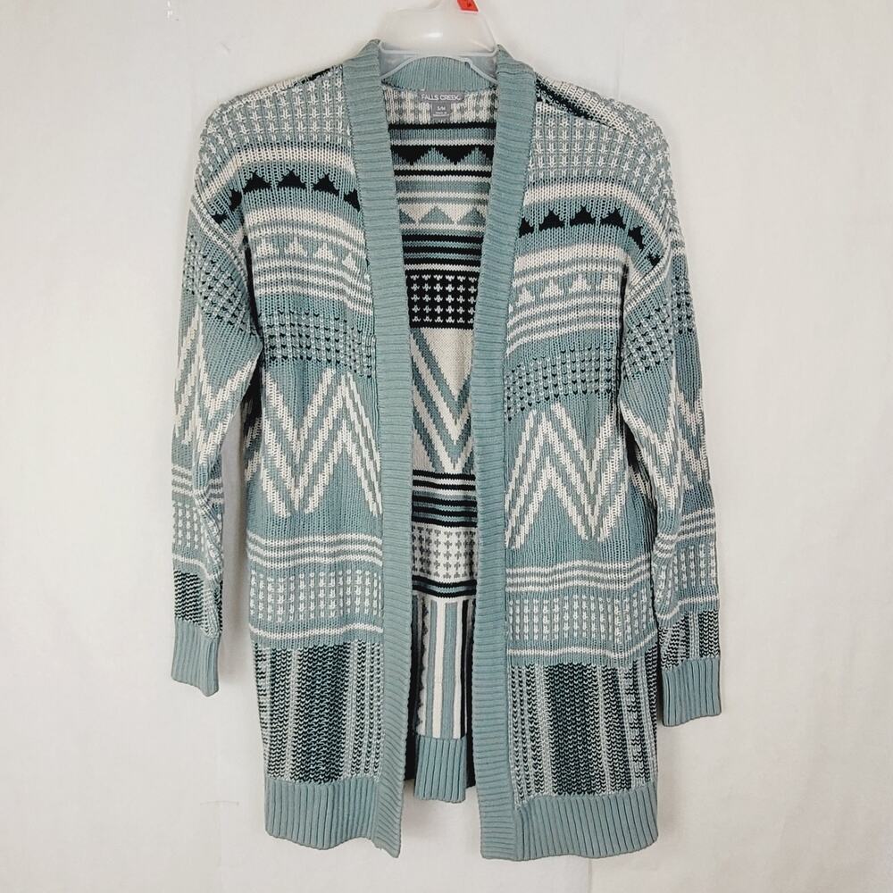 Falls Creek open front cardigan sage green geometric mixed print size  S/M Cabin